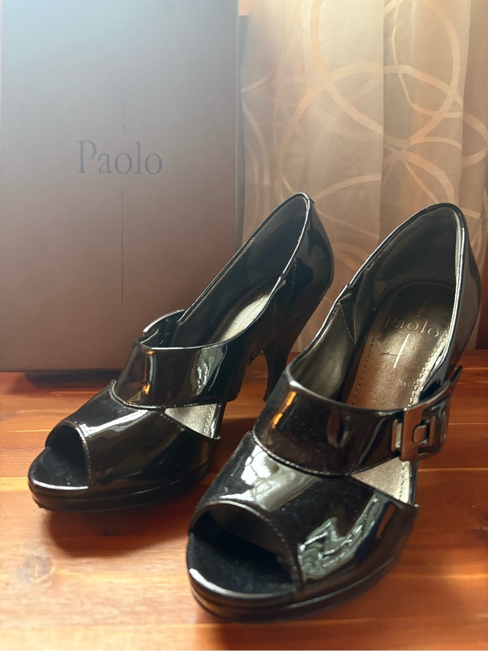 Paolo Black Patent Peep-Toe Buckle Strap Heels